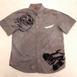 Fly Racing Mens SS Button Shirt Large Gray Determination Paisley Print Race Car